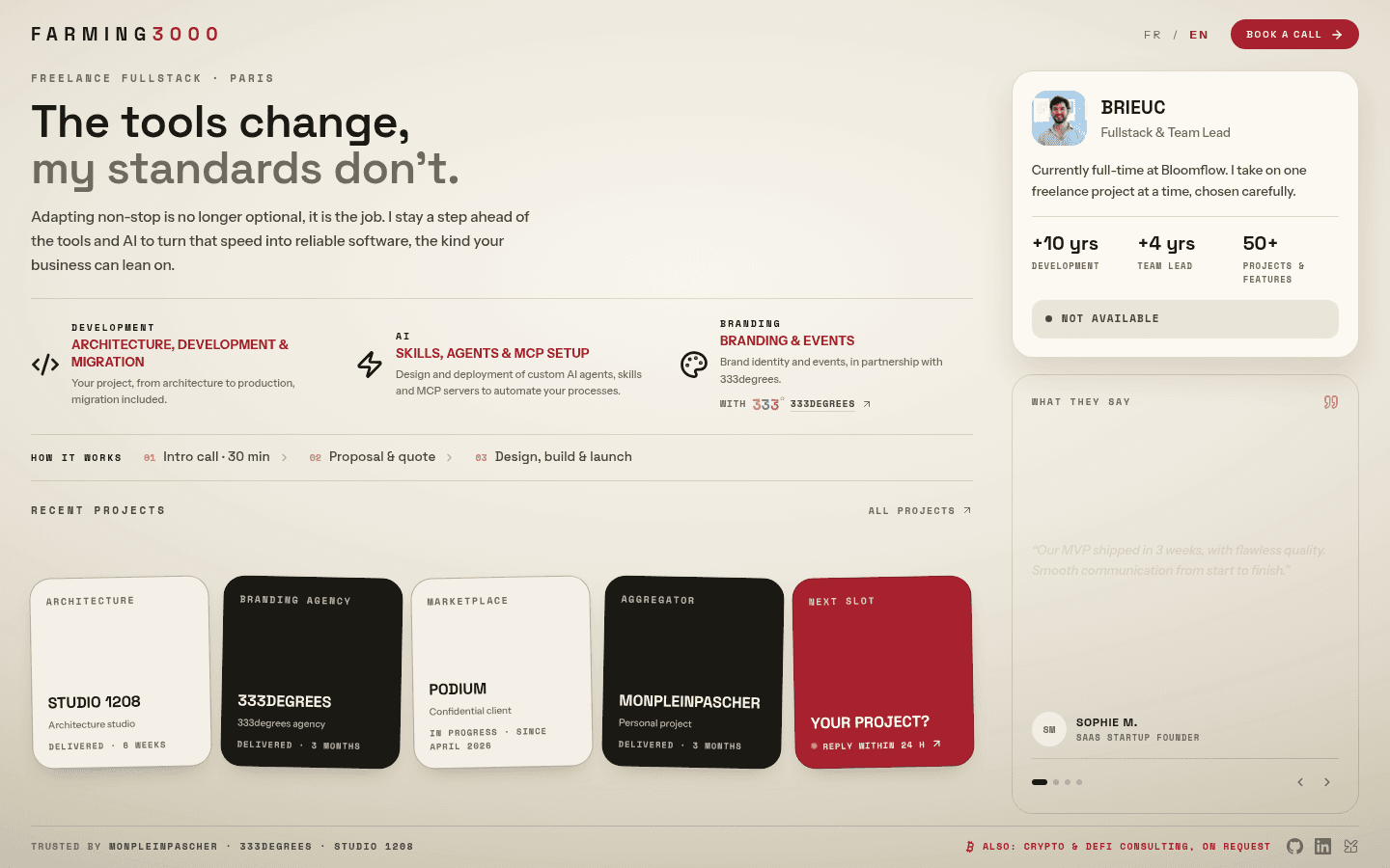 Farming3000 — one-page site, "the tools change, my standards don't"